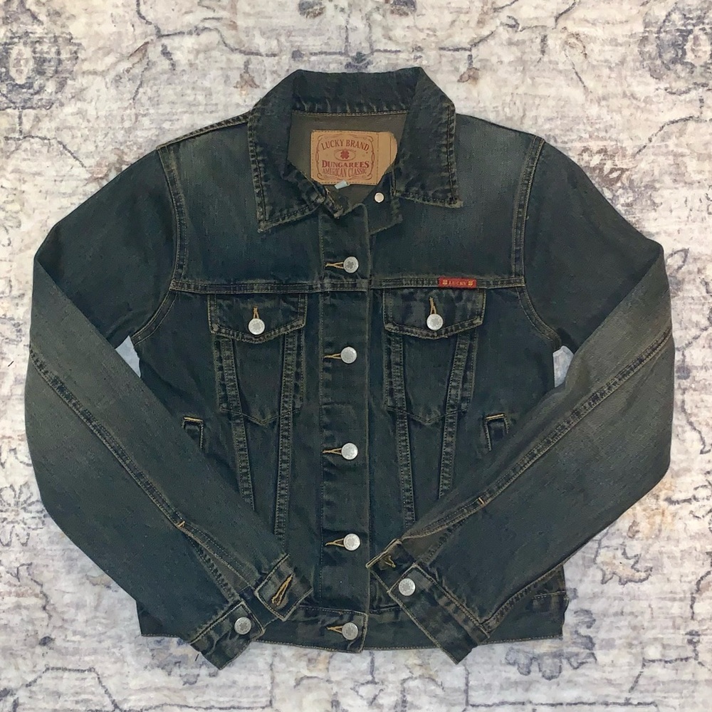 Vintage Lucky Brand Dungarees Denim Jean Jacket
Size Medium Womens DARK BLUE